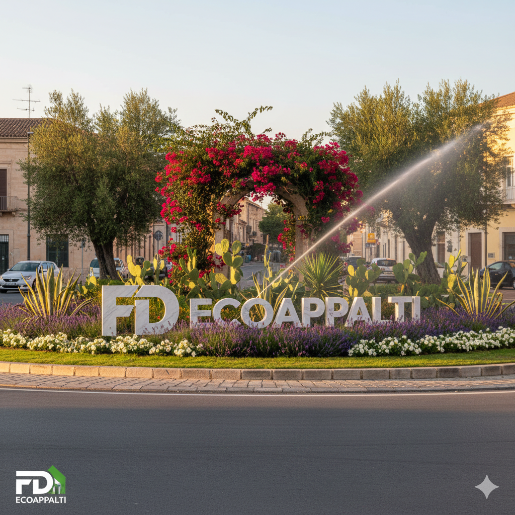 Rotatoria stradale con verde ornamentale e buganvillea — Sanluri