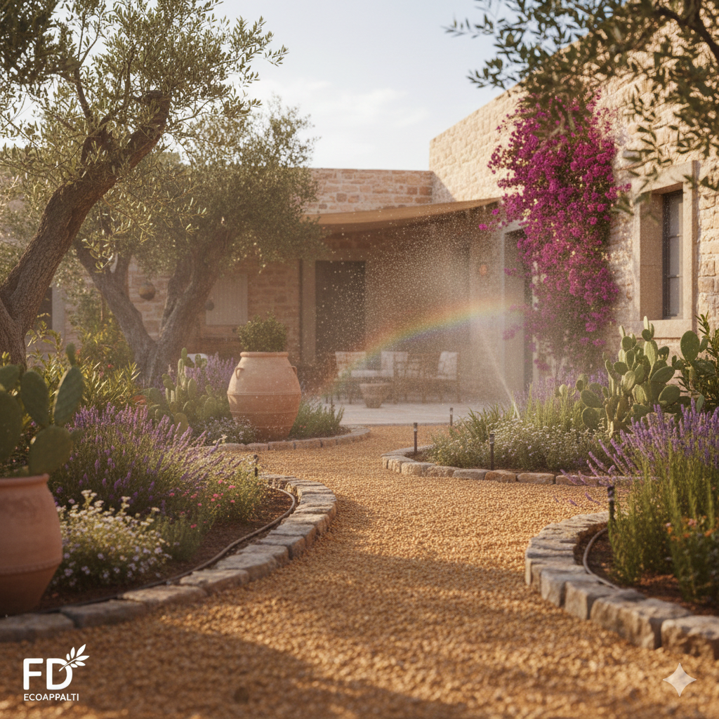 Vialetto in ghiaia con impianto irrigazione e bordure di lavanda — Guspini