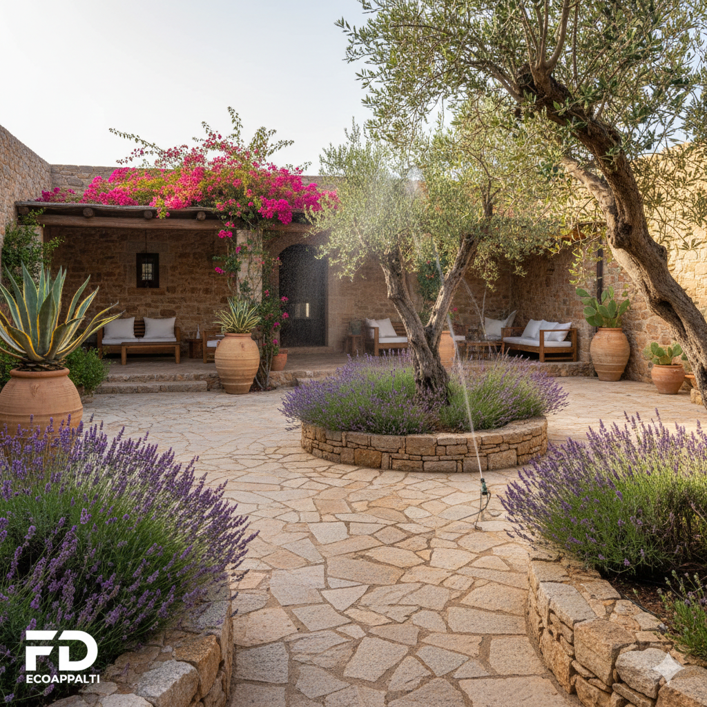 Giardino mediterraneo con ulivo, lavanda e pavimentazione in pietra — Sardara